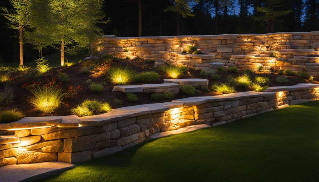 Retaining wall illuminated with outdoor lighting