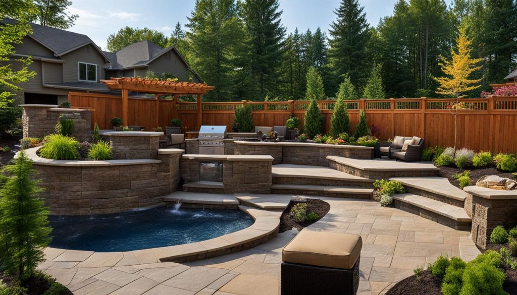 multi-level entertainment area with retaining walls