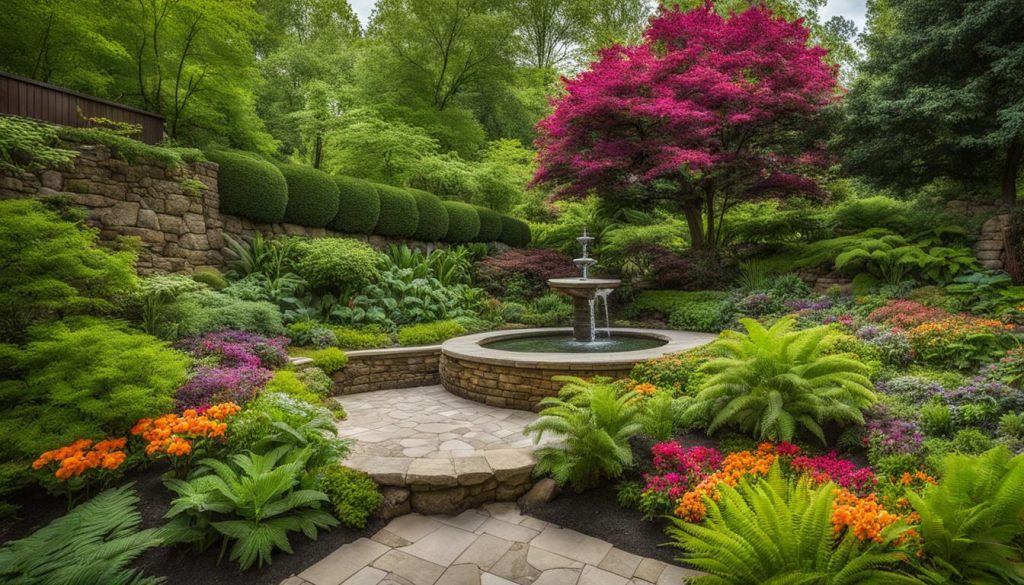 Green garden with retaining wall