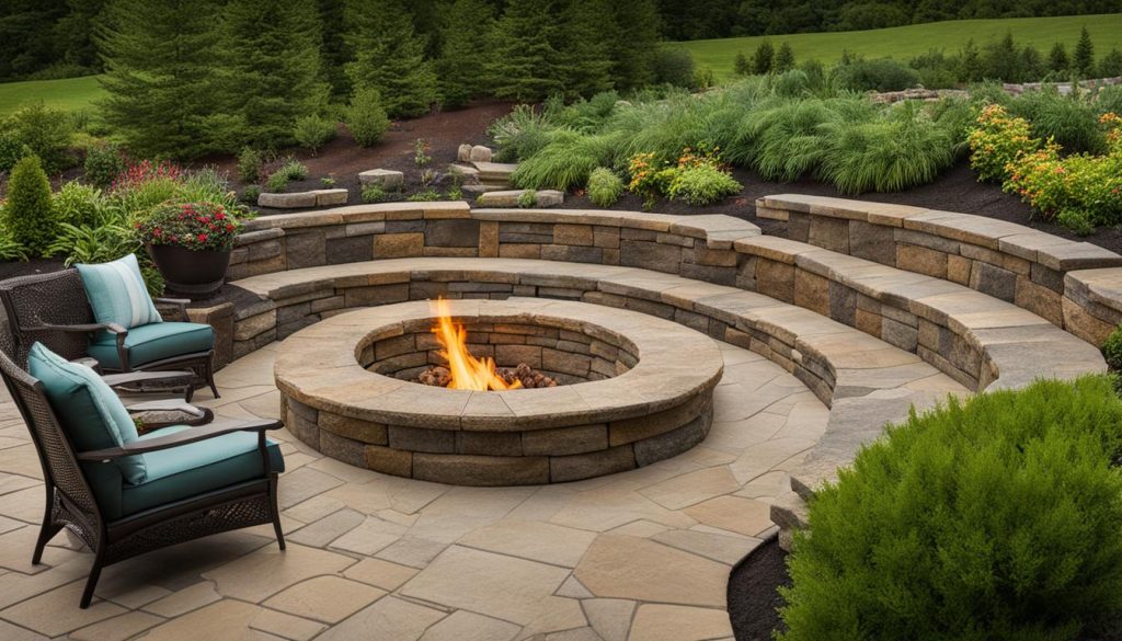 retaining wall seating area with fire pit