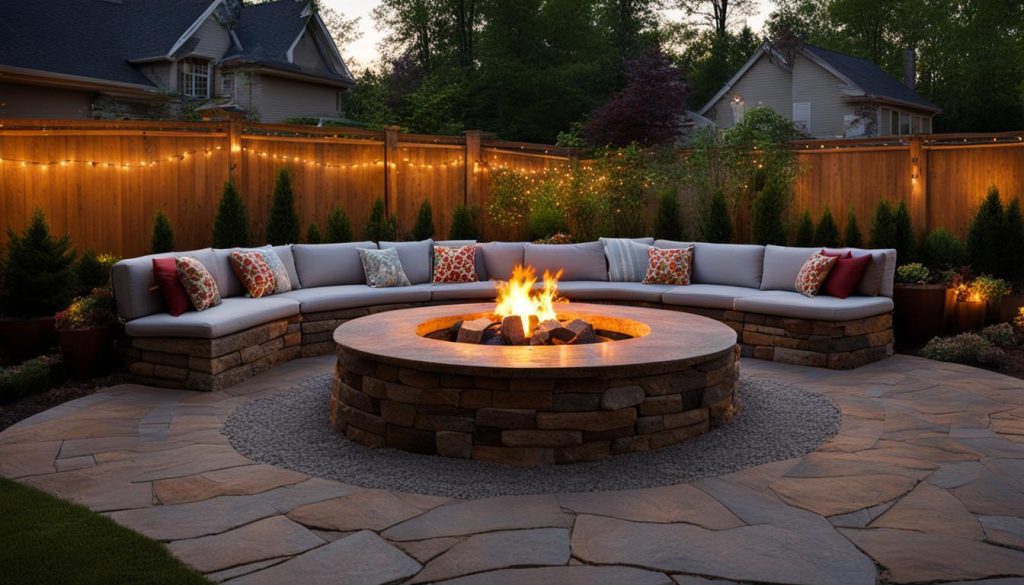 retaining wall seating area with string lights