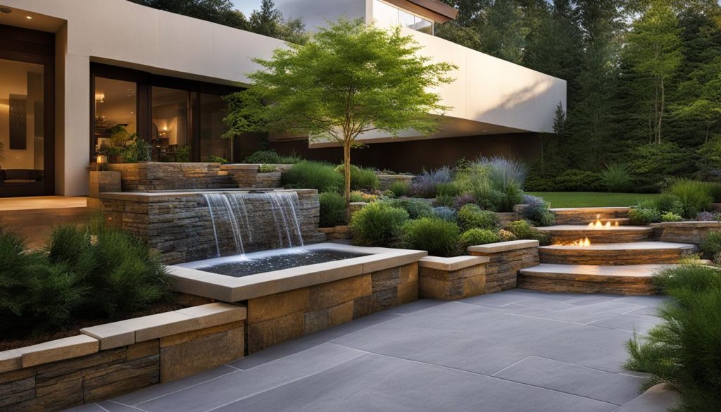 retaining wall seating area with water feature