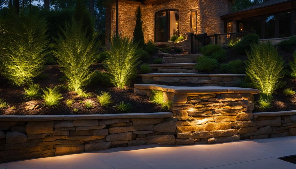 uplighting and downlighting on a retaining wall